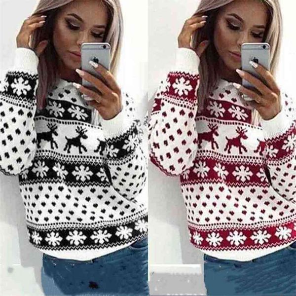 

autumn winter ladies christmas snowflake fawn print round neck pullover long sleeve sweatshirt women hoodies streetwear 210517, Black