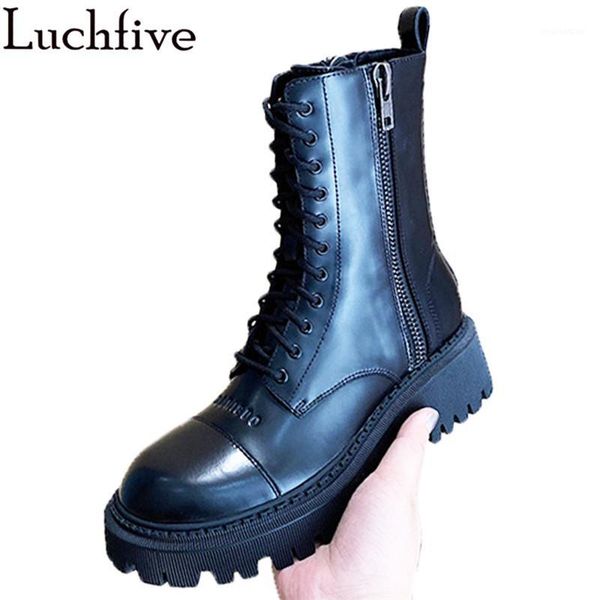 

boots round toe thick bottom women handsome motorcycle both side zipper designer real leather lace up short1, Black