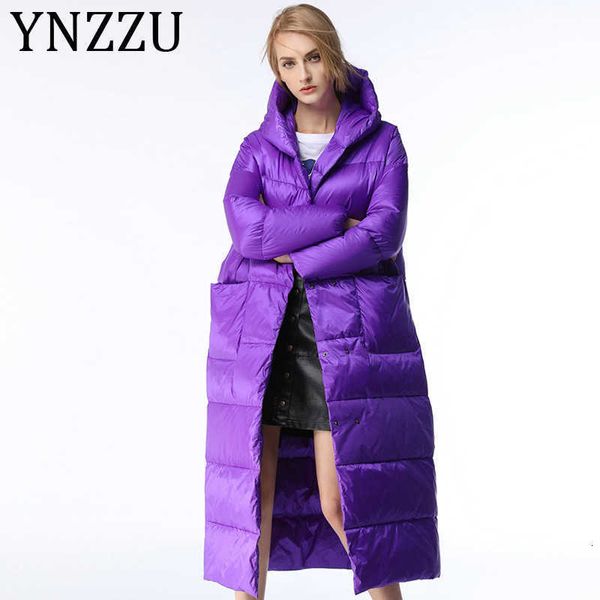 

ynzzu luxury winter women's down jacket elegant purple long thicken warm hooded duck down coat female snow outwears t191121, Black
