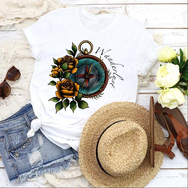 

womens t shirt women graphic vintage floral adventure compass lady 90s fashion tees print clothing female, White