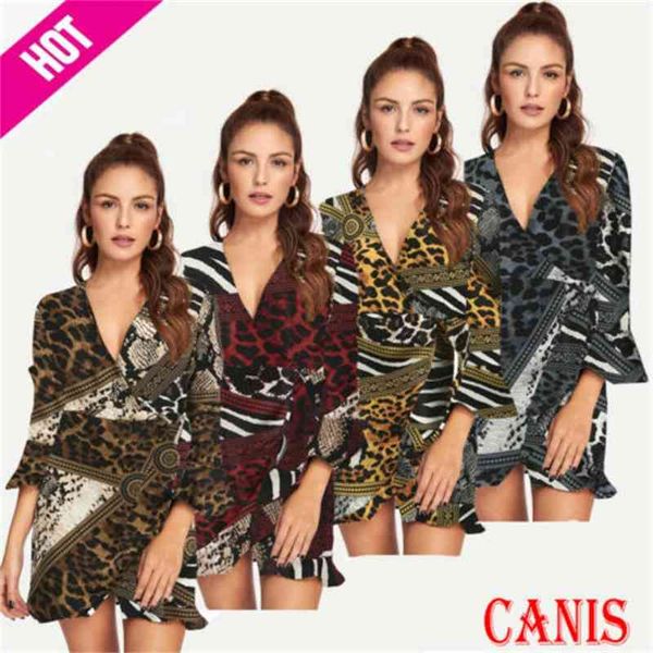 

casual dresses women floral dress v neck long sleeve leopard printed party summer beach loose girls r1dr, Black;gray