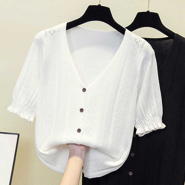 

women summer oversized sweaters button v-neck short sleeve pockets female fall clothes casual cardigan sweaters 210604, White