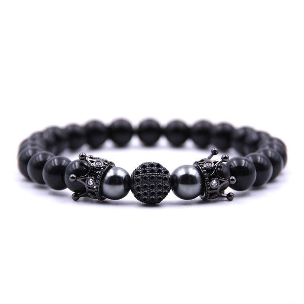

bright black 8mm stone bracelet pave cz 4 color crown ball for men&women charm gift creative jewelry beaded, strands