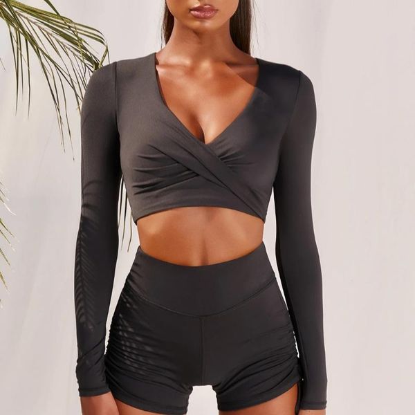 

yoga outfit short trousers sport bra fitness women sports set v-neck crop clothes drawstring skinny solid tracksuit