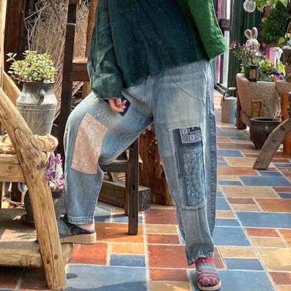 

women's jeans johnature patchwork 2021 summer casual elastic waist women mid all-match ankle-length harem vintage pants, Blue