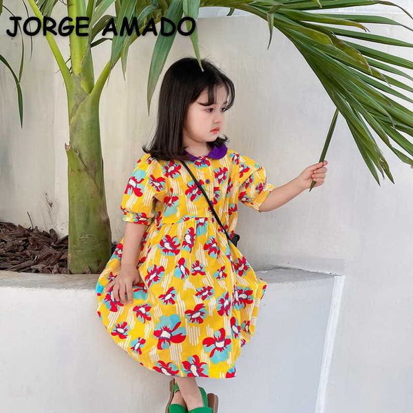 Estilo coreano verão crianças meninas vestido roxo peter pan colar amarelo floral princesa crianças roupas e1028 210610