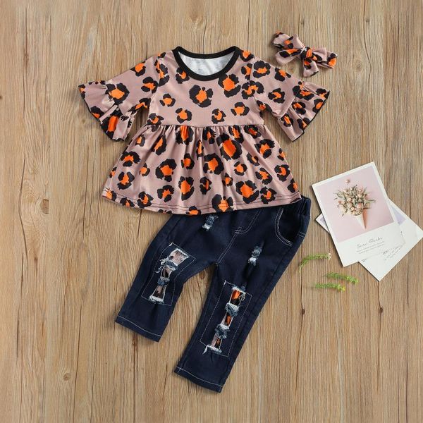 

clothing sets toddler baby leopard pattern printing three-pieces set, infant girl's short sleeve + long pants headband set, White