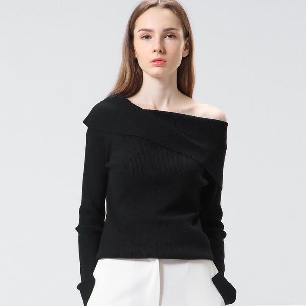 

women's sweaters dress 2021 spring style off-the-shoulder pullover knitting shirt horizontal neck sweater, White;black