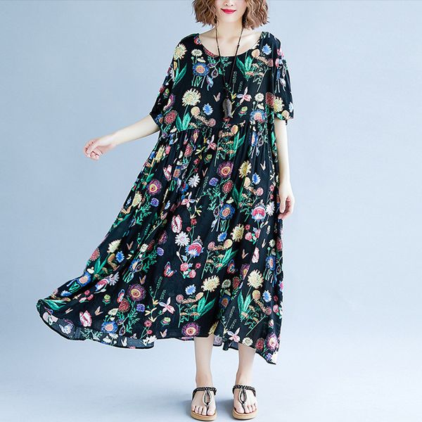 

johnature casual floral print summer dress loose women o-neck short sleeve comfortable cotton linen vintage dresses 210521, Black;gray