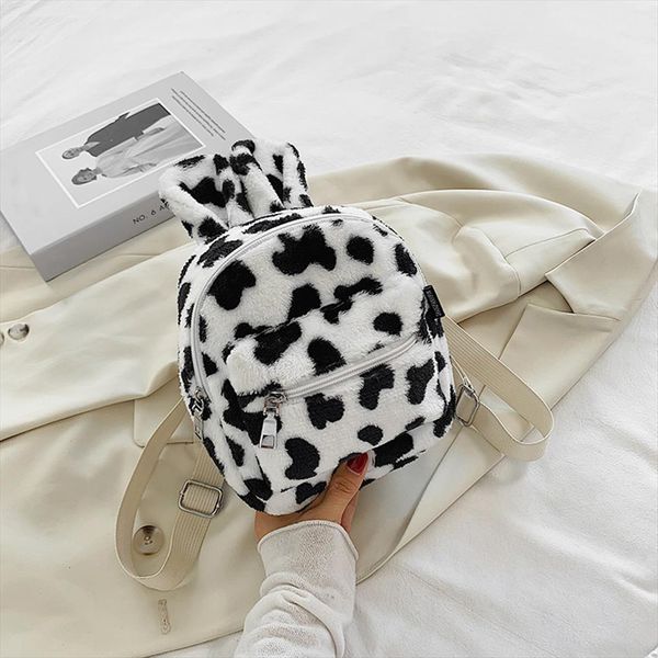 

cute rabbit ears women backpack casual plush school shoulder bag animal cow zebra pattern travel rucksack lady girls bagpack