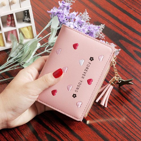 

wallets korean style women's short wallet simple fashion tassel thin coin purse card holder small, Red;black