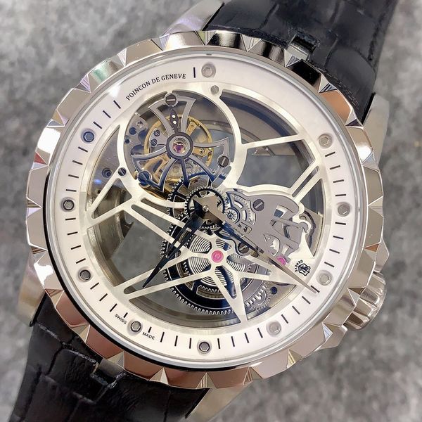 

mens watches mechanical automatic movement hollow clear back men watch leather strap excalibur 42mm stainless steel case waterproof montre d, Slivery;brown