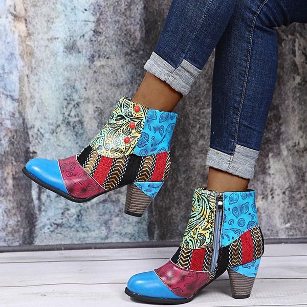 

boots vintage splicing printed ankle for women shoes ladies pu leather retro block suqare heels short booties#f30, Black