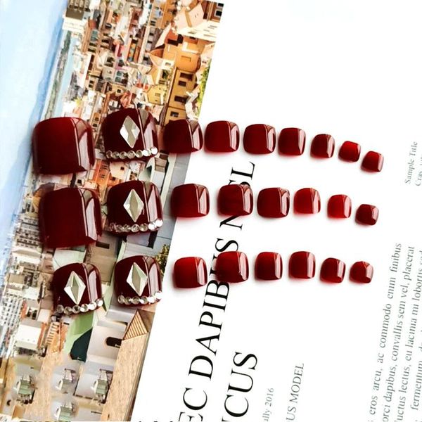 

false nails 24pcs rhinestones inlaid toenail patch red wine glue type removable short paragraph manicure sk88, Red;gold