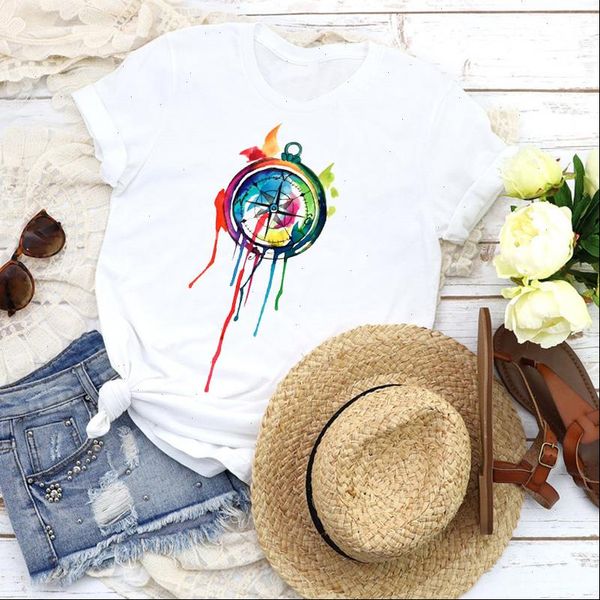 

womens women graphic vintage watercolor printing compass lady 90s fashion tees print t shirt clothing female, White