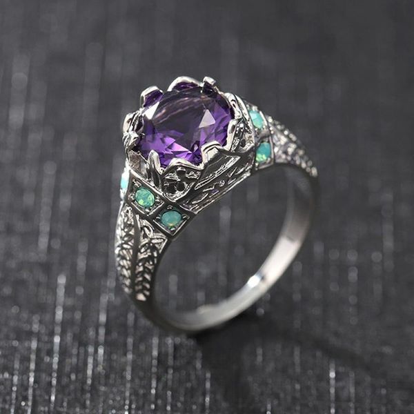 

wedding rings fashion vintage purple color zircon ring for woman luxury crown silver engagement a4p788, Slivery;golden