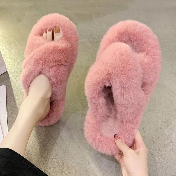 

slippers winter house women fur fashion cross band warm plush ladies fluffy shoes cozy open toe indoor fuzzy slides for girls, Black