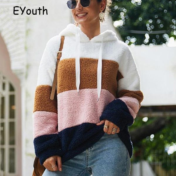 

lossky women hoodies sweatshirt striped patchwork ladies long sleeve pullover plush autumn winter female warm clothing 2021 women's & s, Black