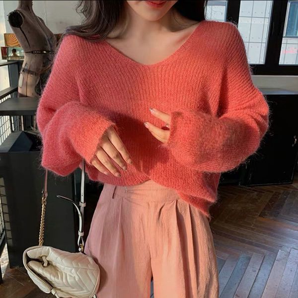 

women's sweaters autumn and pullovers v-neck thin knitted long sleeve pull femme mohair iiux, White;black