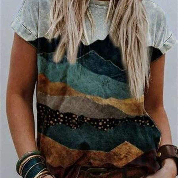 

women's t-shirt color and size fashion landscape printed short sleeve gi9y, White