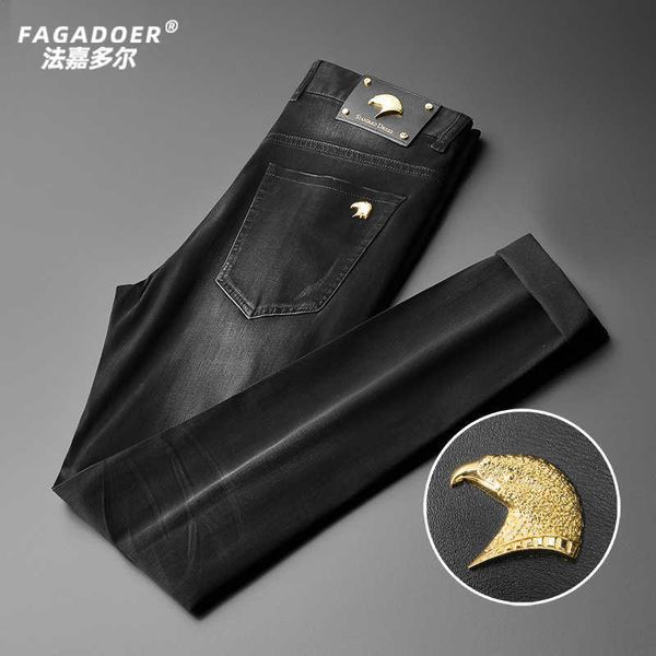 

| fagador 2021 summer jeans men's black ground white washed simple eagle head straight, Blue