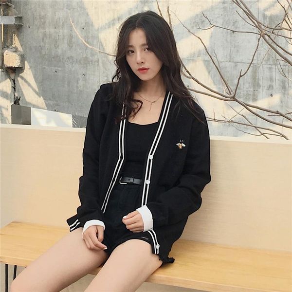 

women's sweaters couples 2021 spring bee embroidery loose v neck casual knitted cardigans plus size navy color vintage jumpers, White;black