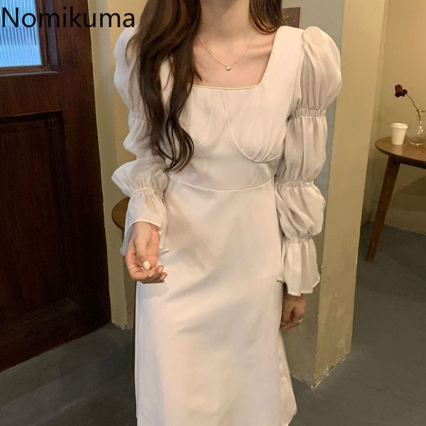 

nomikuma square collar puff sleeve dress solid color slim waist elegant vintage dresses women vestidos femme korean style 3d170 210514, Black;gray