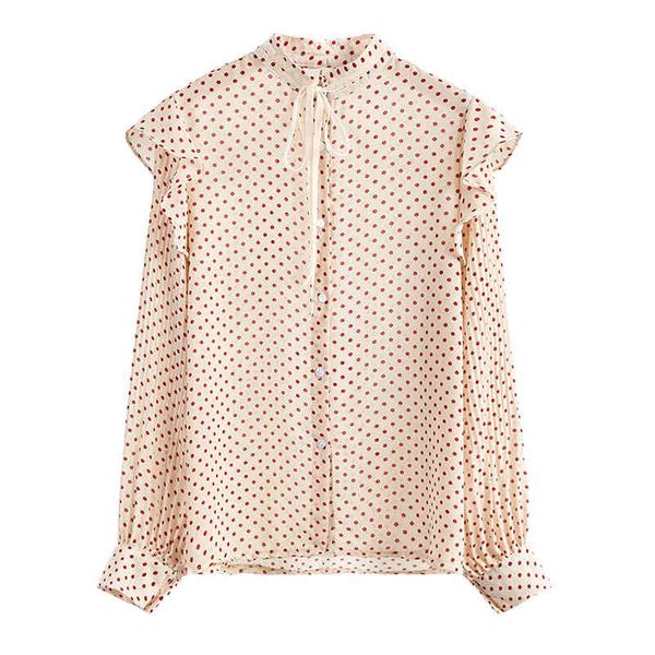 

women beige polka dot shirt stand collar puff long sleeve vintage ruffle bow b0686 210514, White