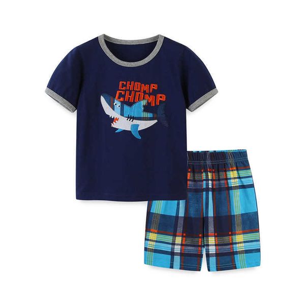 Springen Meter Sommer Kleidung Sets Mit Shark Applique Jungen Mädchen Baumwolle Mode Kinder 2 PCS Set Verkauf Anzüge 210529