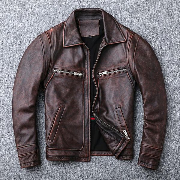 

men's leather & faux amekaji red brown heavy do old locomotive head layer cowhide jacket lapels male restoring ancient ways, Black
