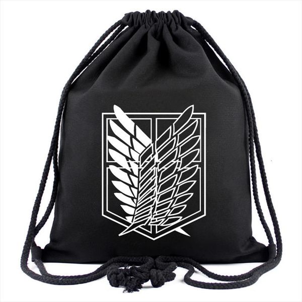 

anime attack on titan scouting corps wings drawstring bag black canvas backpack fashion portable storage for men women