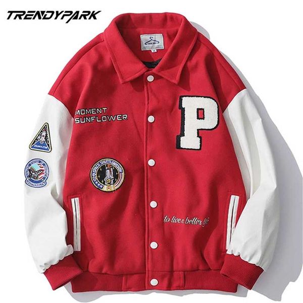 Männer Varsity Uniform Baseball Jacke PU Leder Ärmel Einreiher Applikationen Bomber Stickerei Patches Casual Mantel 211215