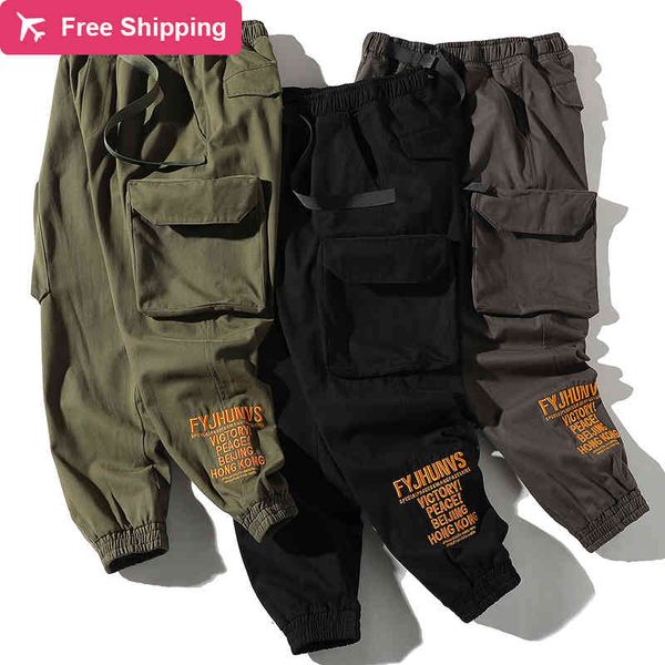 

slful cargo of black men pants runners elastic waist sweatpants male hip length