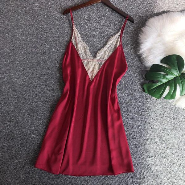 

women's sleepwear woman nightgowns sleepshirts ice silk nightdress female summer suspender lace silklace sj018, Black;red