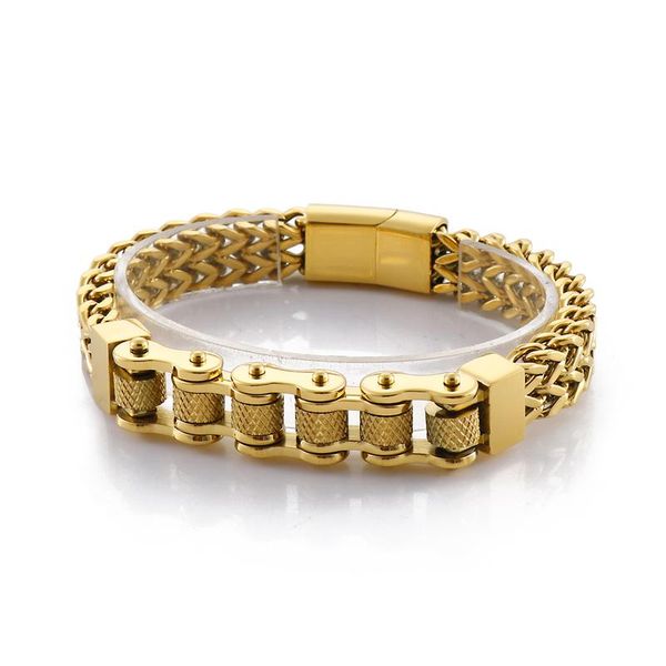 

charm bracelets 12mm three-color bicycle chain 316l stainless steel men's trendy bracelet jewelry gift drop, Golden;silver