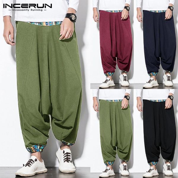 

men's pants chinese style men harem joggers loose patchwork drop crotch trousers 2021 vintage streetwear casual long incerun, Black