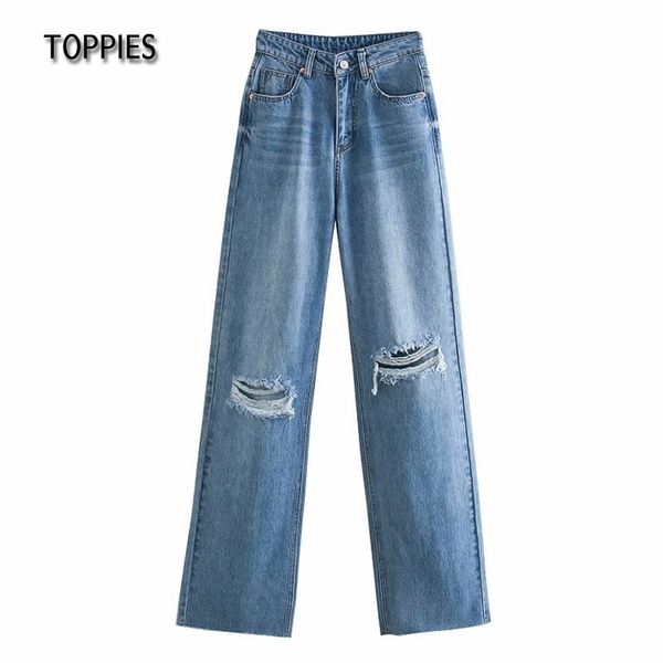 

ies woman oversize long jeans ripped knee hole denim pants high waist overlength jeans fashion streetwear 210412, Blue