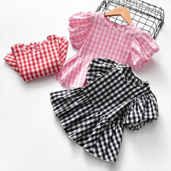 

summer princess girls plaid blouse puff short sleeve toddler baby girl blouses shirts kids shirt child clothes, White;black