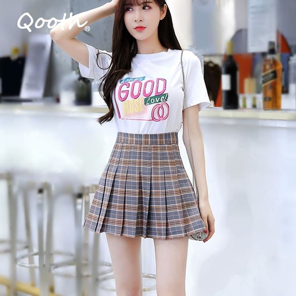 

qooth summer autumn pleated shorts mini flare skirt women sailor japanese school girl jk uniform plaid skirts qt193 210518, Black