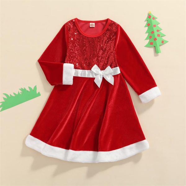 

girl's dresses christmas little girls breathable dress fashion color matching sequins bow decoration round collar long sleeve princess, Red;yellow