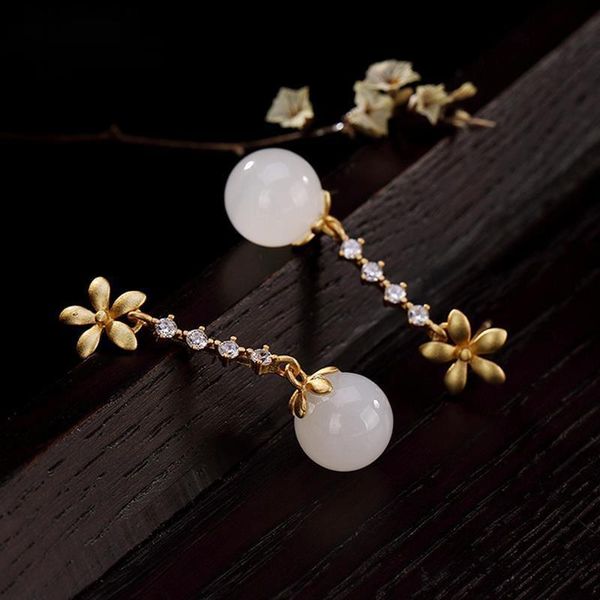 

dangle & chandelier natural hetian white jade long flower earrings chinese style retro elegant light luxury charm women's brand silver