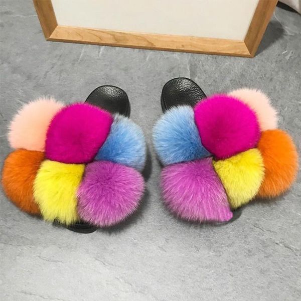 

slippers pom fur women fluffy sandals furry slides multicolor customize, Black