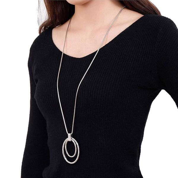 

rerto sliver jewelry double round big pendant necklace long chain sweater necklaces for women statement christmas gift, Silver