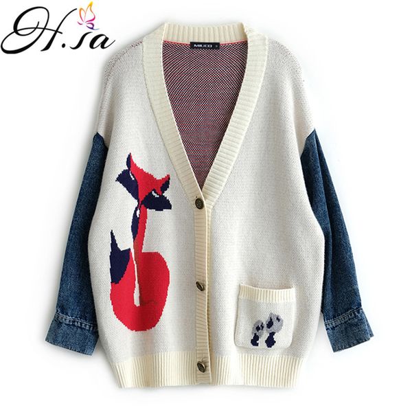 H.SA Donna Maglione lavorato a maglia e maglioni beige Cartoon Fox Jeans Cardigan lavorati a maglia Button Up oversize 210417