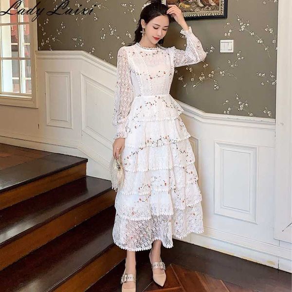 

spring runway women party dress princess cake embroidery lace ruffle 210529, Black;gray