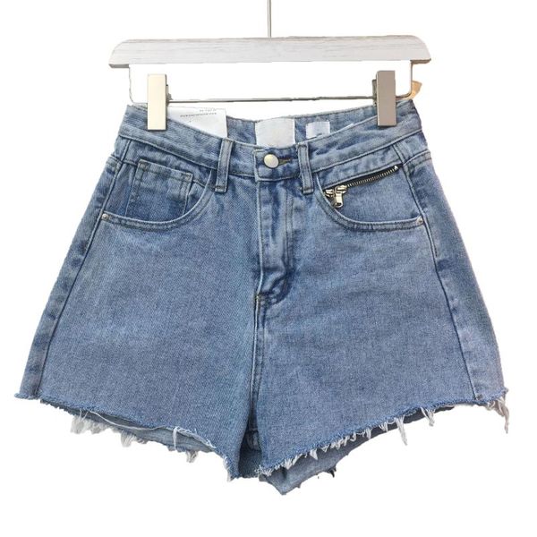 

summer fashion high waist a-line women denim shorts ladies chic ripped holes tassels jeans female streetwear femme women's, Blue