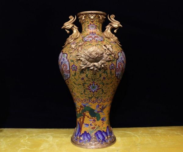 

vases 24 " chinese pure bronze cloisonne 24k gold phoenix peony flower vase pot bottle