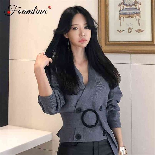 

autumn women sweater v neck long sleeve double breated sashes casual ladies knitted cardigan coat 210603, White