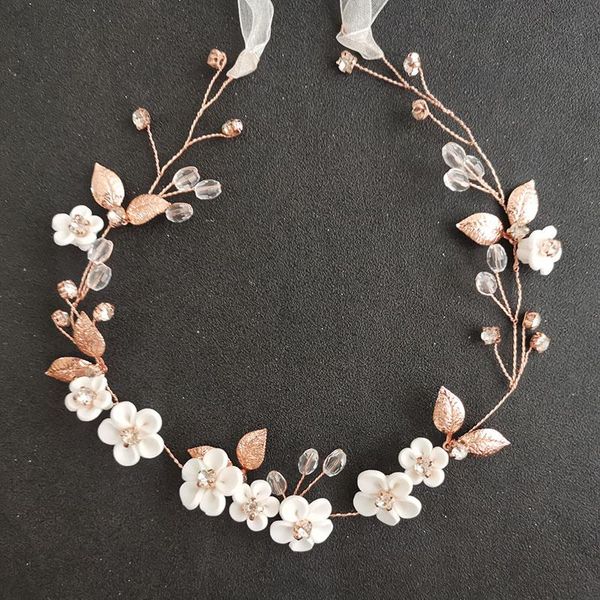 

hair clips & barrettes slbridal handmade rose gold alloy leaf rhinestones ceramic flower bridal vine headband women girls jewelry, Golden;silver
