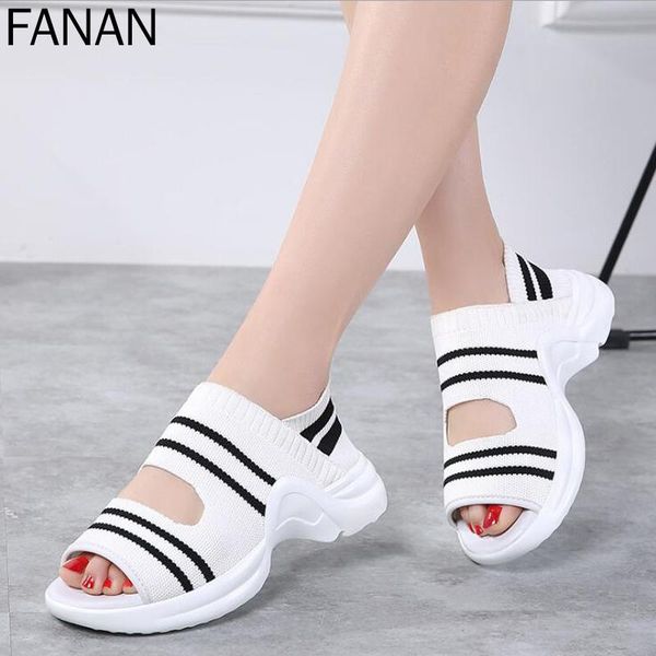 

sandals women 2021 summer shoes woman knitting breathable wedges platform lady comfortable heel type style, Black